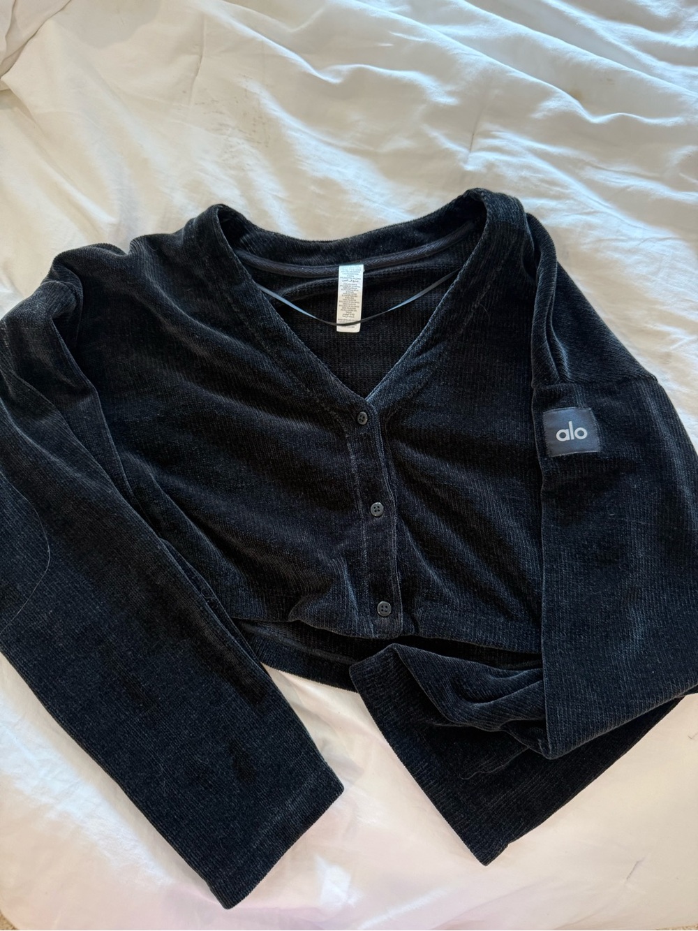 ALO Yoga Black Ribbed Cropped Button-Front Cardigan